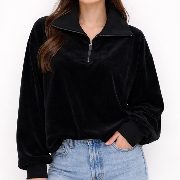 SPANX Tops - Spanx Plush Soft Velvet Half-Zip Pullover Very Black Sweatshirt Size Lg 20395R